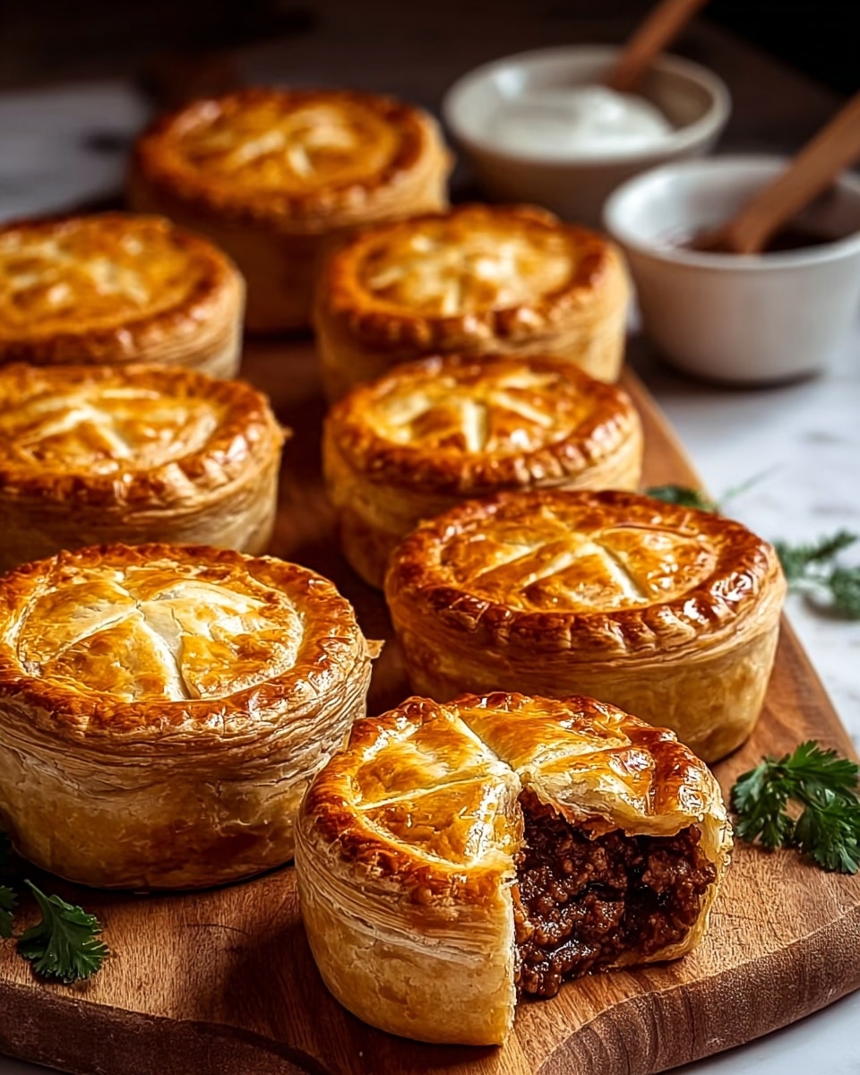 The image shows five small round meat pies placed on white parchment paper over a wooden board with a white marbled surface underneath. Each pie has a shiny, golden-brown crust with a braided edge and a layered, slightly puffed texture on top that looks like a braided pattern. One pie is sliced open, showing a dark brown, finely ground meat filling inside. A few small green parsley leaves are scattered near the pies as garnish. The lighting highlights the warm color and crisp texture of the pies. Photo taken with an iphone --ar 4:5 --v 7