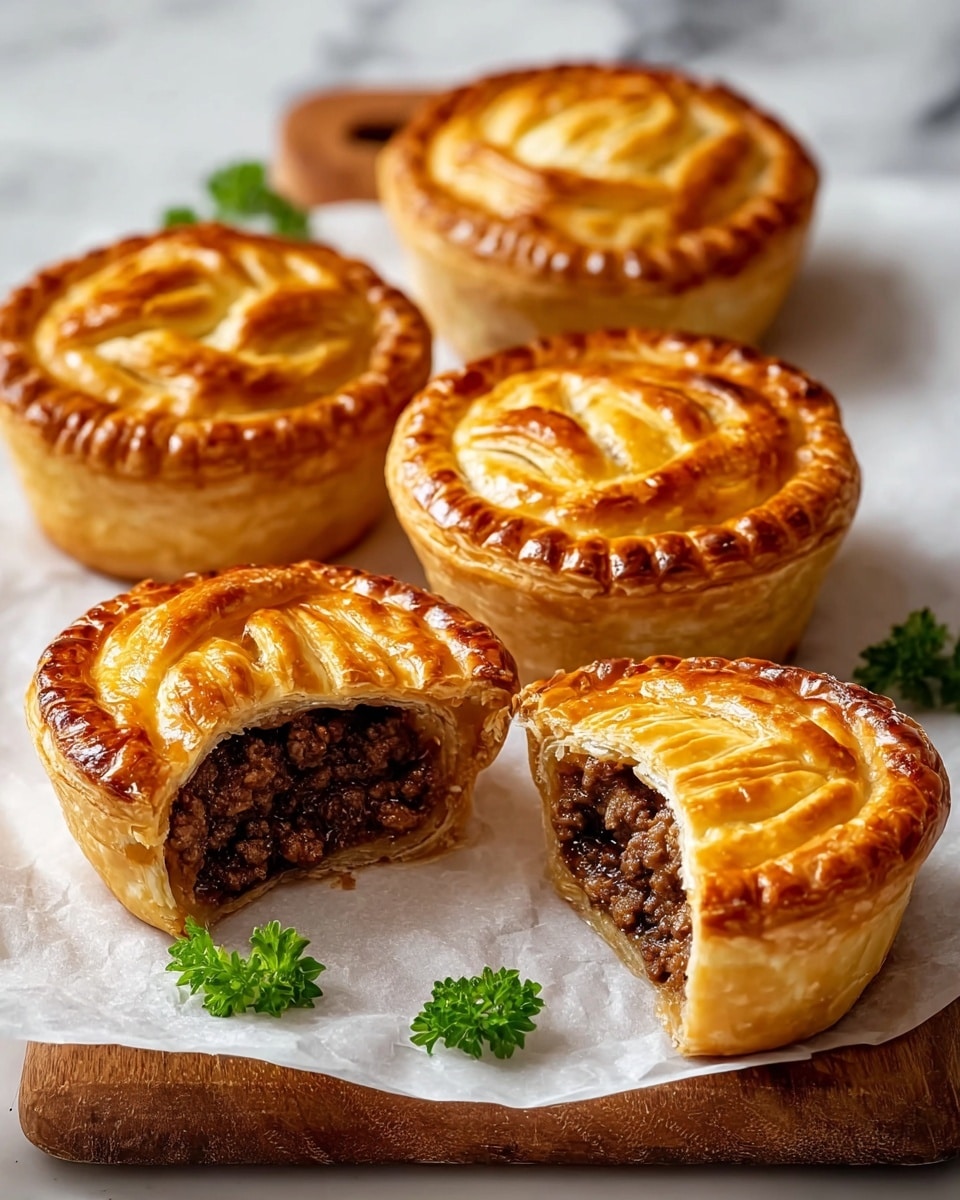 The image shows seven round meat pies with golden, flaky crusts on a wooden board. Each pie has a shiny top layer with a pattern scored into the dough. One pie is bitten, showing a thick, rich dark brown meat filling inside. The crusts are thick, with visible layers and a slightly crisp edge. The background features a sprig of green herbs and two small bowls with white interiors. The scene is set on a white marbled surface. photo taken with an iphone --ar 4:5 --v 7