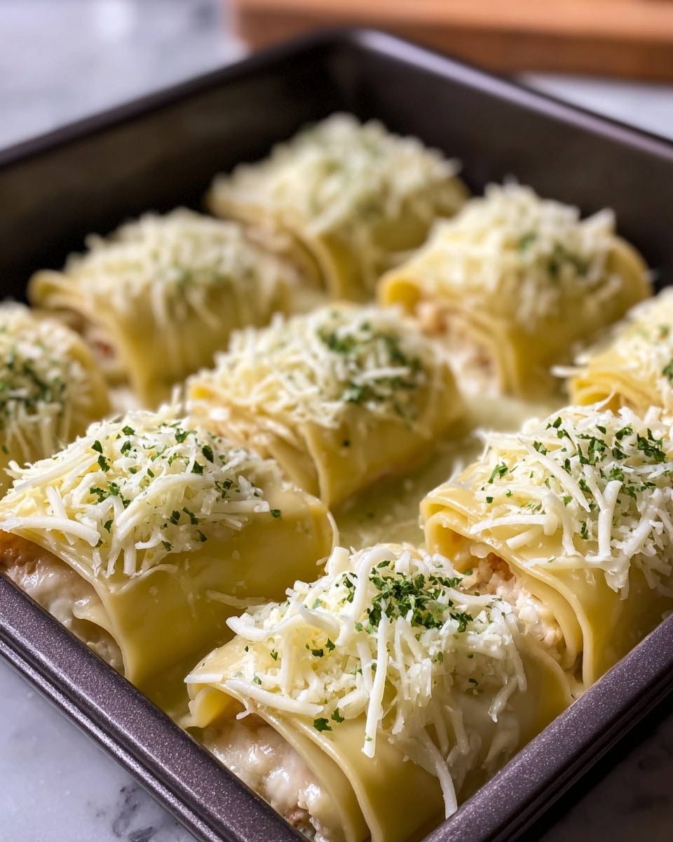 Nine rolled pasta pieces are arranged close together in a dark baking pan on a white marbled surface. Each pasta roll is pale yellow with a smooth texture and filled with a light-colored mixture visible at the edge. On top of each roll, there are two layers of cheese: the first is shredded white cheese that slightly melts, and the second is a sprinkle of finely grated white cheese with small green herb pieces scattered over it. The overall look is creamy and fresh, set in a kitchen with a blurred background. Photo taken with an iphone --ar 4:5 --v 7