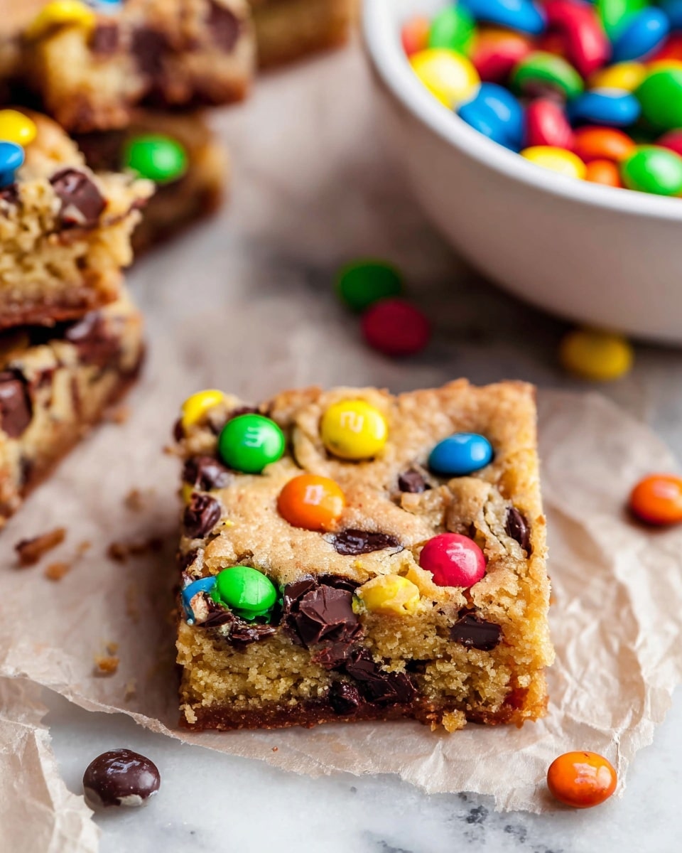The image shows a close-up of a square blondie bar topped with bright, colorful candy-coated chocolates in red, yellow, green, orange, and blue, along with melted dark chocolate chips scattered throughout. The blondie has a soft and slightly crumbly texture, with the candies embedded in and sitting on top of the golden-brown baked surface. The blondie is placed on crumpled light brown parchment paper on a white marbled surface. In the upper part of the image, part of a white bowl filled with more colorful candy-coated chocolates is visible, slightly out of focus. photo taken with an iphone --ar 4:5 --v 7