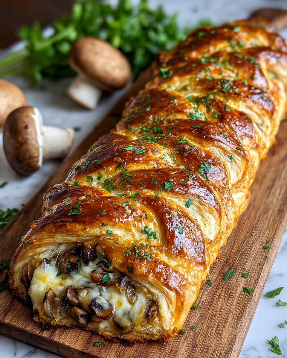 A golden brown braided pastry sits on a wooden board, with a shiny top layer sprinkled with fresh green thyme leaves. The puff pastry has many thin, crispy layers that look light and flaky. Inside, thick slices of brown mushrooms and melted cheese can be seen, with the mushrooms providing a soft, textured layer behind the pastry’s crisp crust. The background shows two uncooked mushrooms and some fresh green herbs, all placed on a white marbled surface. photo taken with an iphone --ar 4:5 --v 7