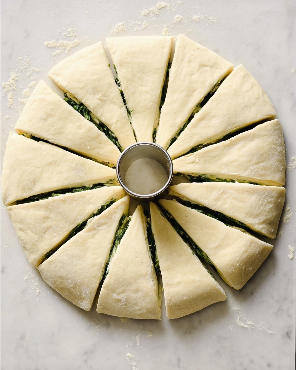 A round dough disk is laid flat on a white marbled surface, divided into 18 triangular pieces radiating from the center. Each piece has two visible layers: a smooth, pale dough outer layer and a thin, green spinach filling layer peeking through the cuts. At the middle of the dough circle, there is a round metal cutter placed upright. The dough looks soft and unbaked, with clean and even cuts separating each triangular segment. photo taken with an iphone --ar 4:5 --v 7