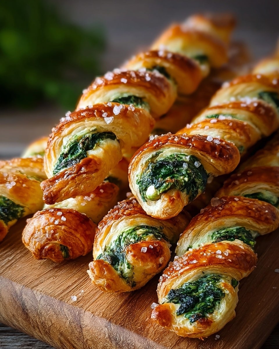 This image shows several golden brown twisted pastries filled with a green spinach and white cheese mixture. Each pastry has a shiny, crispy outer layer with a braided twist pattern that reveals the textured spinach filling inside. The pastries are sprinkled with coarse salt crystals on top. They are placed closely on a wooden board, with the background softly blurred but showing a white marbled surface. photo taken with an iphone --ar 4:5 --v 7