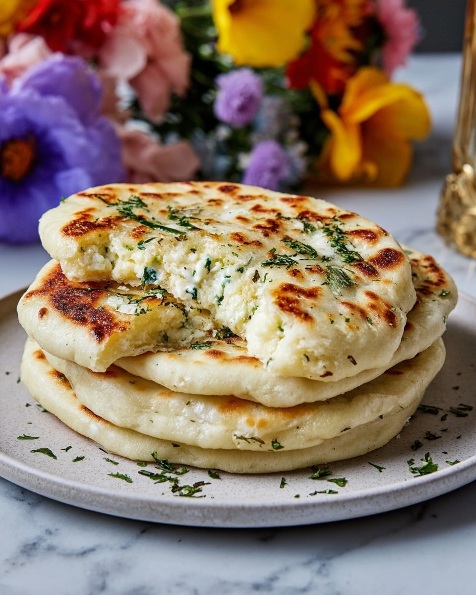 A close-up of a woman's hand holding a round piece of white dough with a slightly uneven surface and soft texture. In the middle of the dough is a small, round ball of yellowish filling with white bits and green herbs mixed throughout. The dough is shaped loosely around the filling, creating one visible layer of dough with a centered ball of filling nesting in it. The background shows a white marbled texture. photo taken with an iphone --ar 4:5 --v 7