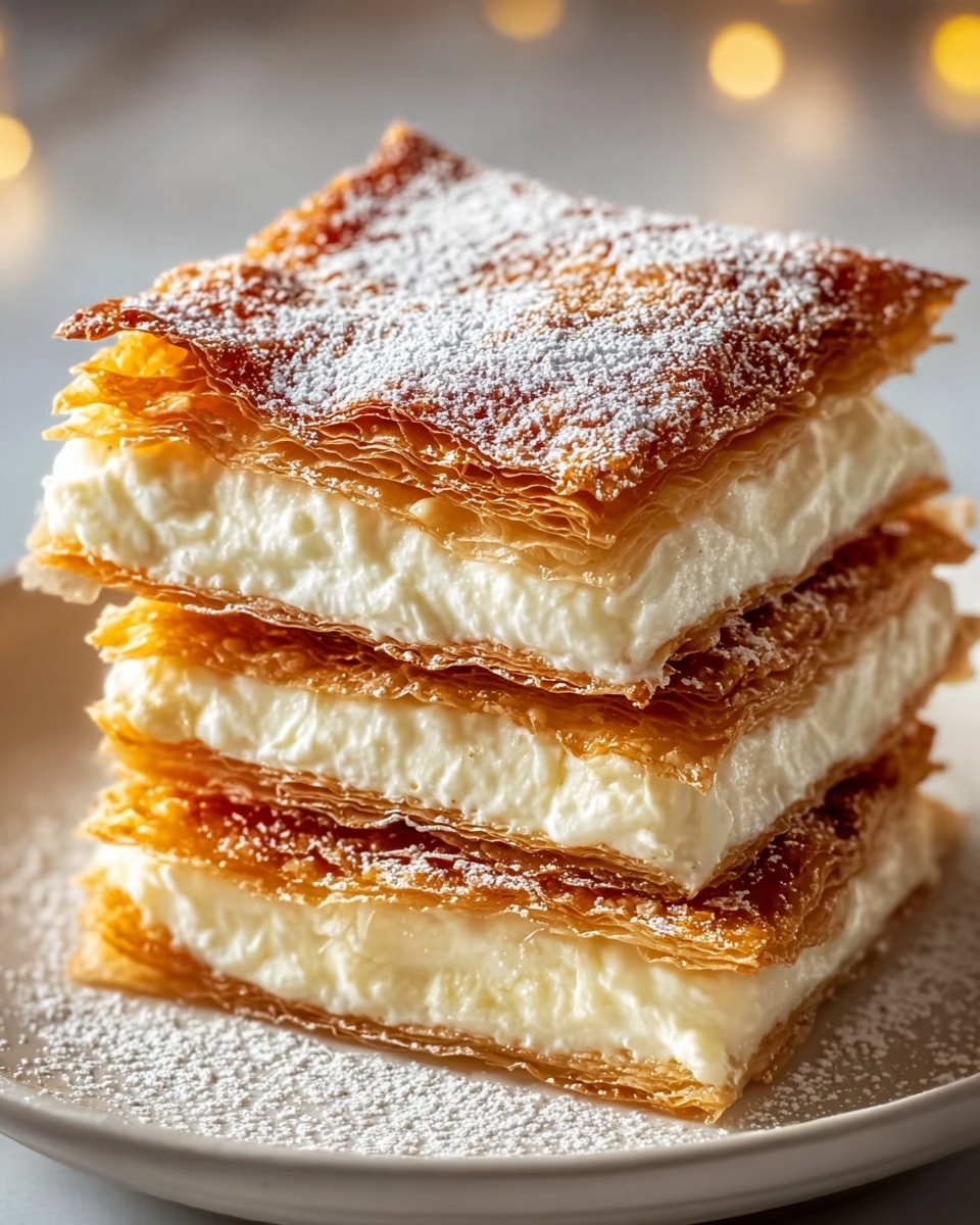 Three square layers of crispy, golden brown pastry with two thick, creamy white layers of filling in between are stacked neatly on a white plate. The top pastry layer is dusted with a light sprinkle of powdered sugar, adding a soft white contrast to the shiny, flaky texture. The edges of the pastry are thin and crisp, showing delicate layers. The white marbled surface underneath adds a clean and simple background to the dessert. photo taken with an iphone --ar 4:5 --v 7