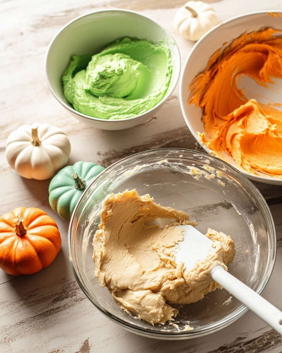 The image shows three bowls on a white marbled surface, each containing a different colored dough or frosting. The largest bowl in the front is clear glass and filled with a thick, light beige dough that looks smooth and creamy, with a white spatula resting inside. Behind it, there is a white bowl on the right holding bright orange frosting with a thick, creamy texture and a white spatula partially dipped in it. To the left, another white bowl contains vibrant green frosting, also thick and smooth, with a spatula standing inside the bowl. Small decorative pumpkins in orange, white, and green colors are placed around the bowls, creating a cozy fall atmosphere. Photo taken with an iphone --ar 4:5 --v 7