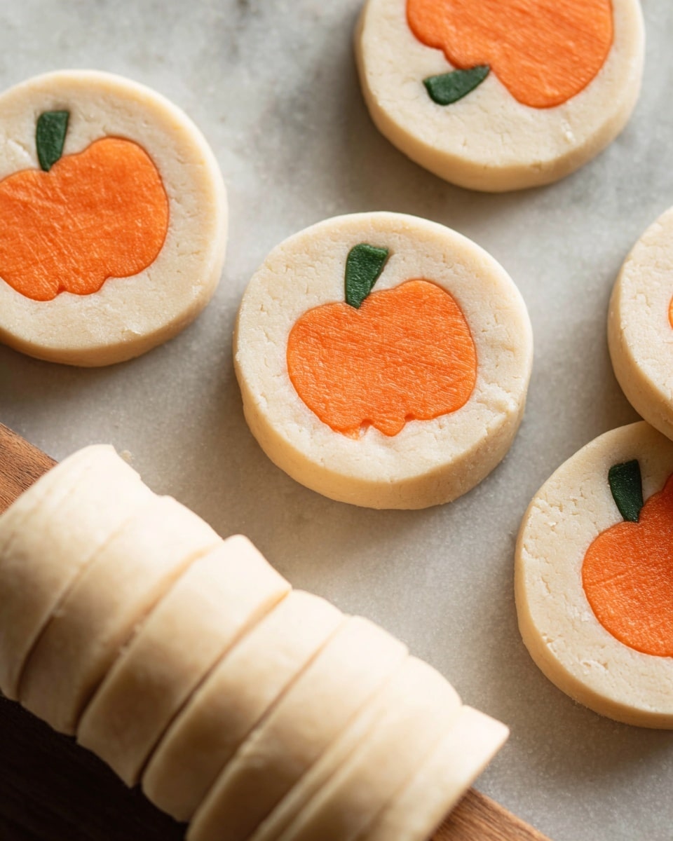 A stack of round sugar cookies with a smooth light beige outer layer and a carved pumpkin shape in the middle, where the pumpkin is bright orange with a grainy texture and a small green stem on top. One cookie leans against the stack in the front, clearly showing the detailed pumpkin shape. More cookies are spread out flat on crinkled parchment paper below the stack. The background shows blurry small orange pumpkins and a glass of milk on a white marbled surface. photo taken with an iphone --ar 4:5 --v 7