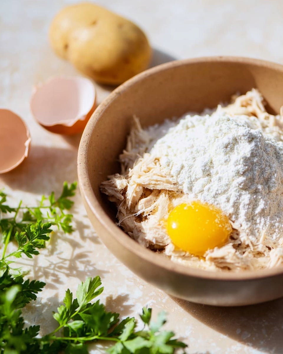 The image shows a close-up of a light brown bowl filled with a mixture of shredded beige chicken, a pile of white flour on top, and a raw yellow egg yolk placed near the flour. The bowl is on a surface with a white marbled texture, and around it, there is a whole light brown potato, a cracked eggshell, and fresh green parsley sprigs blurred in the background. The scene has bright natural lighting that highlights the textures of the ingredients. photo taken with an iphone --ar 4:5 --v 7