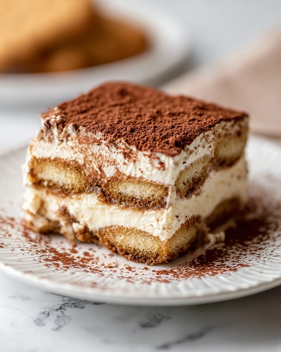 A square slice of tiramisu sits on a white plate with a raised edge design, placed on a white marbled surface. The tiramisu has three visible layers of light brown soaked ladyfingers alternating with two thick layers of creamy white mascarpone filling. The top is dusted heavily with dark brown cocoa powder, some of which has fallen onto the plate around the dessert. The texture looks soft and creamy, with the edges of the layers slightly blending. In the background, there is a blurry image of a ladyfinger biscuit. Photo taken with an iphone --ar 4:5 --v 7