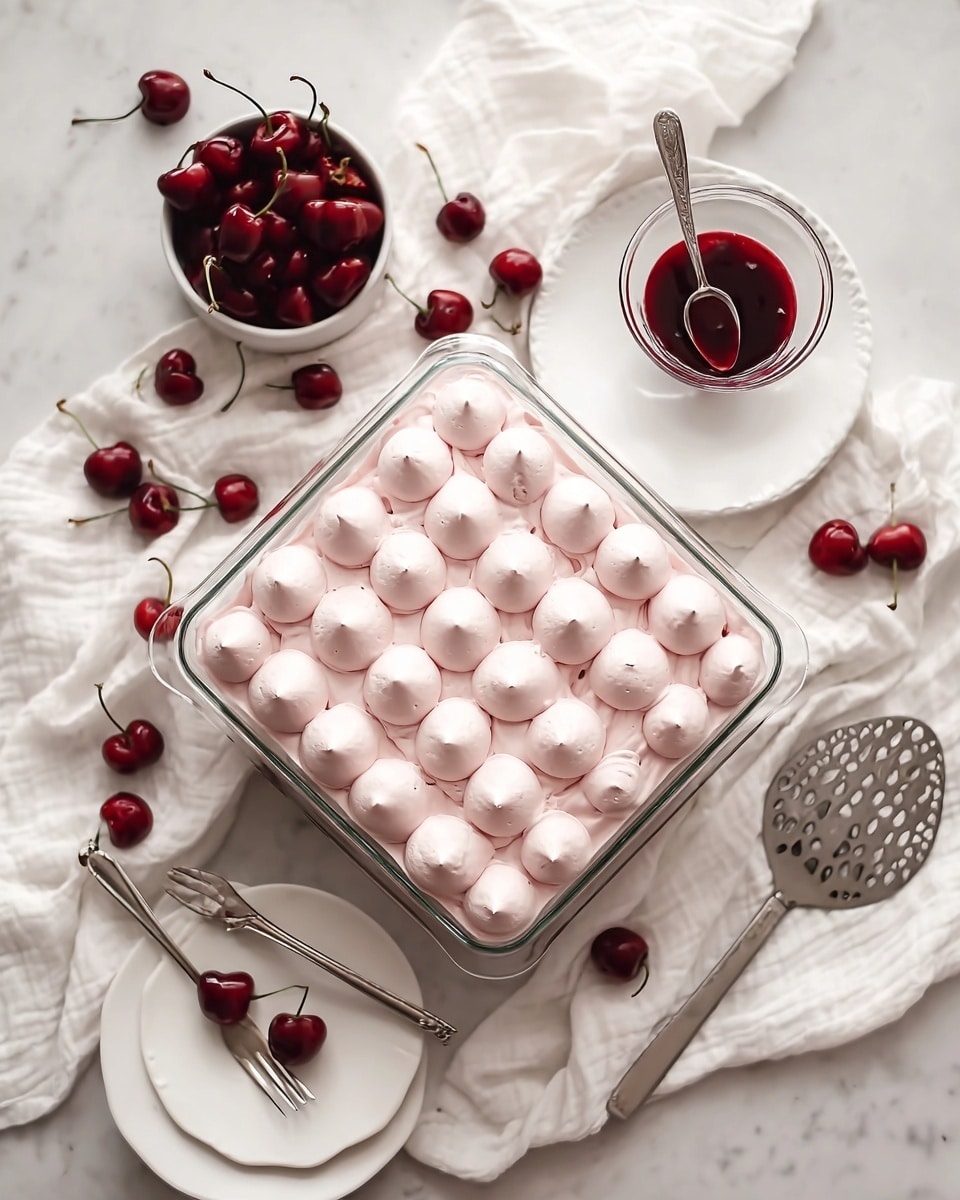 A square glass dish filled with a dessert that has a smooth, light pink whipped topping arranged in neat small dollops covering the surface, each dollop round and slightly pointed at the top. Around the dish, bright red cherries with stems are scattered on a white marbled surface, alongside a small white bowl full of cherries and a small round glass bowl with deep red cherry sauce and a spoon inside. Near the dessert dish, there is a white plate with two silver forks resting on it and a silver pie server with cut-out patterns placed nearby. The setting has a soft, clean look with white fabric draped casually under and around the dish and utensils. photo taken with an iphone --ar 4:5 --v 7