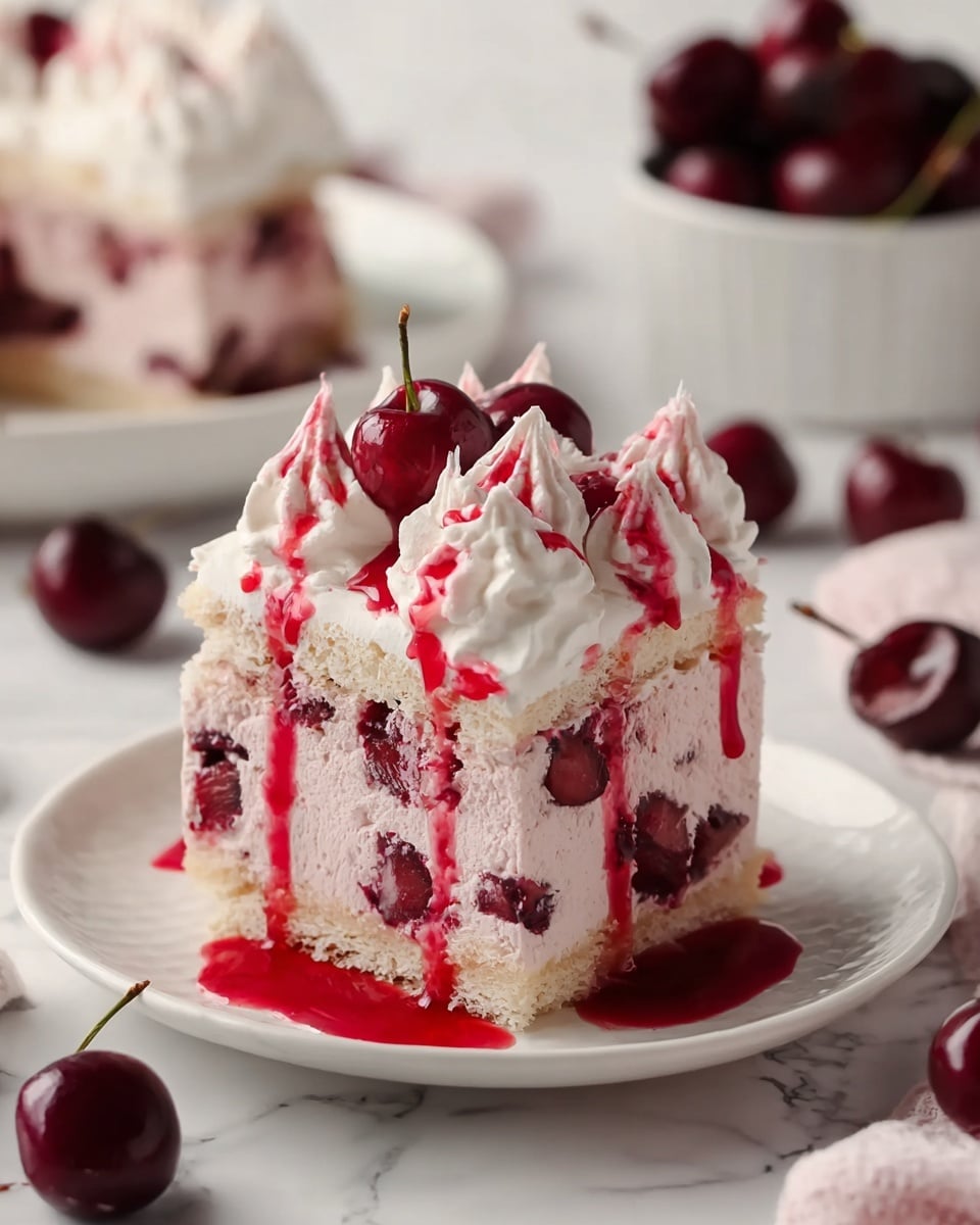 A square slice of cherry dessert sits on a small white plate on a white marbled surface. The dessert has three layers starting with a base layer of light beige sponge soaked with deep red cherry juice. Above this is a thick layer of pale pink cream, followed by a middle layer of sponge with visible cherry pieces soaked in red juice. The top is covered in dollops of white whipped cream tinted light pink, each crowned with a drizzle of rich red cherry sauce that cascades down the sides, pooling slightly on the plate. Around the plate on the white marbled surface are whole dark red cherries and a white bowl filled with cherries blurred in the background. Photo taken with an iphone --ar 4:5 --v 7