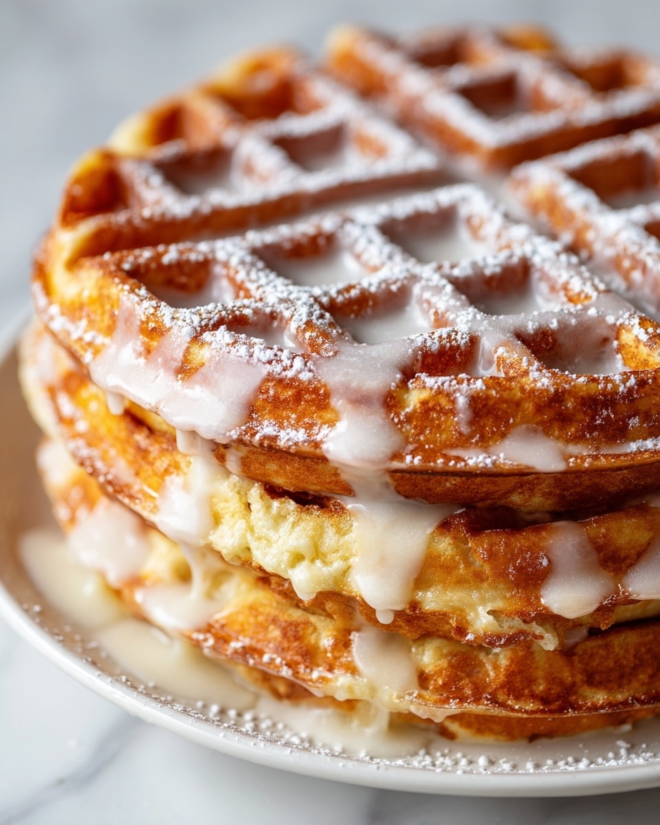 The image shows a single golden-brown waffle placed in the center of a white bowl filled with creamy white milk. Nearby, there is a white bowl filled with green apple slices, and cinnamon sticks are placed on the red wooden surface. To the top left, several small waffles are cooling on a wire rack over a black baking tray. On the right, a white plate holds more golden waffles, some drizzled with syrup. The whole scene is set on a red wooden table with a white marbled texture visible underneath some items. photo taken with an iphone --ar 4:5 --v 7
