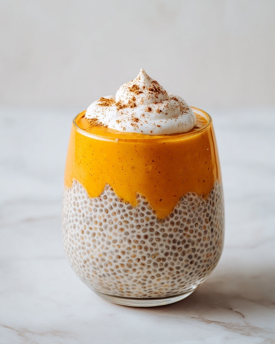 A clear glass cup holds a three-layer dessert on a white marbled surface. The bottom layer is a thick, bright orange puree with small chia seeds visible. Above that is a pale beige chia pudding layer with evenly spaced small black seeds. The next layer is a smooth bright orange layer slightly spilling over the edges. On top of it sits a dollop of white whipped cream dusted with light brown cinnamon powder. The background is soft and blurred, keeping focus on the dessert. Photo taken with an iphone --ar 4:5 --v 7