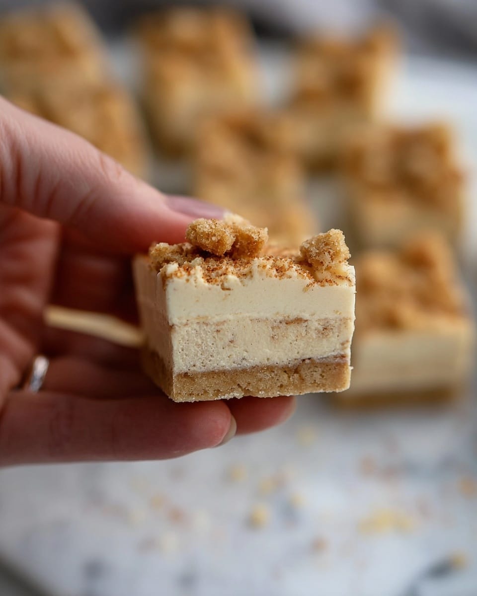 A close-up view of a small square dessert held between a woman's thumb and forefinger. The dessert has three visible layers: a thick bottom layer of light beige creamy texture, a middle layer of soft crumbled golden-brown biscuit pieces, and a thin top layer of the same crumbly biscuit. The background shows more pieces of the same dessert blurred out on a white marbled surface. Photo taken with an iphone --ar 4:5 --v 7