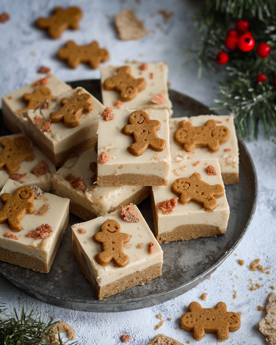 The image shows square-shaped dessert bars with two visible layers: a light beige creamy base with embedded small gingerbread man shapes and a top layer decorated with whole and partial light brown gingerbread man cookies and tiny reddish-brown gingerbread-shaped sprinkles scattered evenly across the surface. These bars are stacked and spread on a dark metal round tray with some pieces placed around it on a white marbled textured surface. Crumbs and scattered cookie pieces are visible nearby, and some green pine needles with red berries peek on the top right edge. Photo taken with an iphone --ar 4:5 --v 7