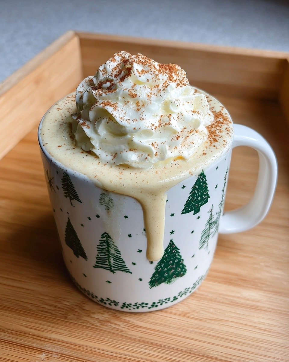 A white mug decorated with green Christmas tree and star patterns holds a creamy drink that is overflowing slightly down one side. The mug is filled to the top with a light beige frothy liquid. On top, there is a large swirl of thick white whipped cream sprinkled with a light dusting of brown cinnamon powder. The mug sits on a wooden surface with a light wood grain, surrounded by a wooden frame in the background. The creamy swirl and drip add texture and depth to the image photo taken with an iphone --ar 4:5 --v 7