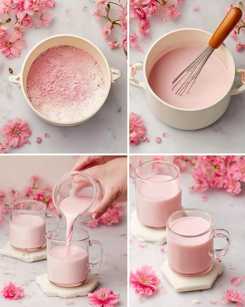 A collage of four images showing the process of making a pink drink. The first image has a white pot with a light brown handle containing white liquid with pink powder on top, set on a white marbled surface with pink flowers around, and a whisk next to it. The second image shows the same white pot with a light brown handle now filled with a smooth light pink liquid and a whisk with a wooden handle resting inside. The third image captures a woman's hand pouring the light pink drink from the same pot into transparent glass cups, with pink flowers around and on a white marbled surface. The fourth image shows two clear glass mugs filled with the pink drink, each decorated with a pink flower on top, placed on small white marble coasters with pink flowers scattered around, all on a white marbled surface photo taken with an iphone --ar 4:5 --v 7