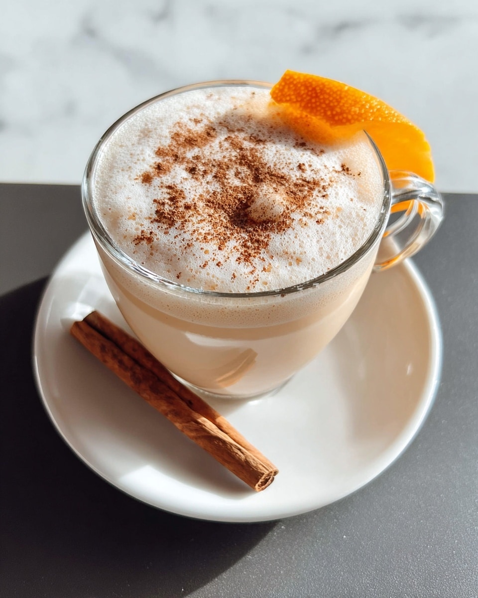 A clear glass cup filled with a creamy light beige drink topped with thick white foam dusted with a sprinkle of brown cinnamon powder. A bright orange peel twist rests on the edge of the cup. Below the cup, there is a white saucer holding a whole cinnamon stick placed vertically. The drink and saucer are set against a white marbled surface. photo taken with an iphone --ar 4:5 --v 7