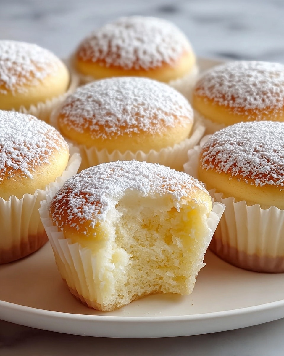 A group of soft, fluffy cupcakes in white paper liners sits on a white plate. Each cupcake has a golden brown top dusted with powdered sugar, giving a light, snowy look. The cupcakes have two clear layers: a pale golden bottom and a creamy, lighter top layer. The cupcake in the front center has a bite taken out, showing its soft, airy texture inside. The background is a white marbled texture. Photo taken with an iphone --ar 4:5 --v 7