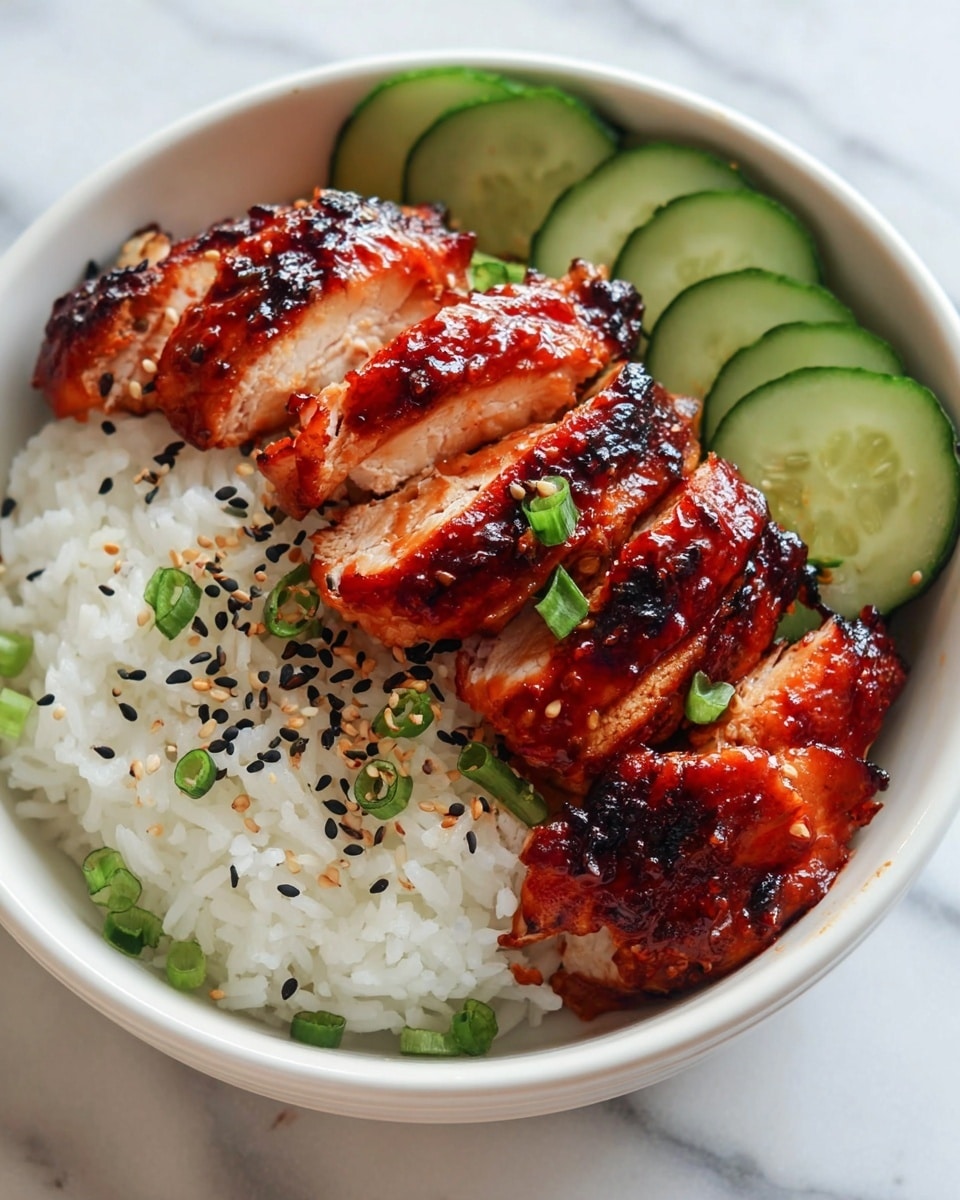 The dish shows four thick slices of grilled chicken with a shiny, dark reddish-brown glaze and some charred spots stacked in a row on the right side. Below the chicken is a layer of white rice with a soft and slightly sticky texture, sprinkled with black and white sesame seeds and small pieces of green onion. On the left side of the plate, there are thinly sliced rounds of bright green cucumber arranged in a line along the edge. All the food is served in a simple white plate, placed on a white marbled surface. photo taken with an iphone --ar 4:5 --v 7