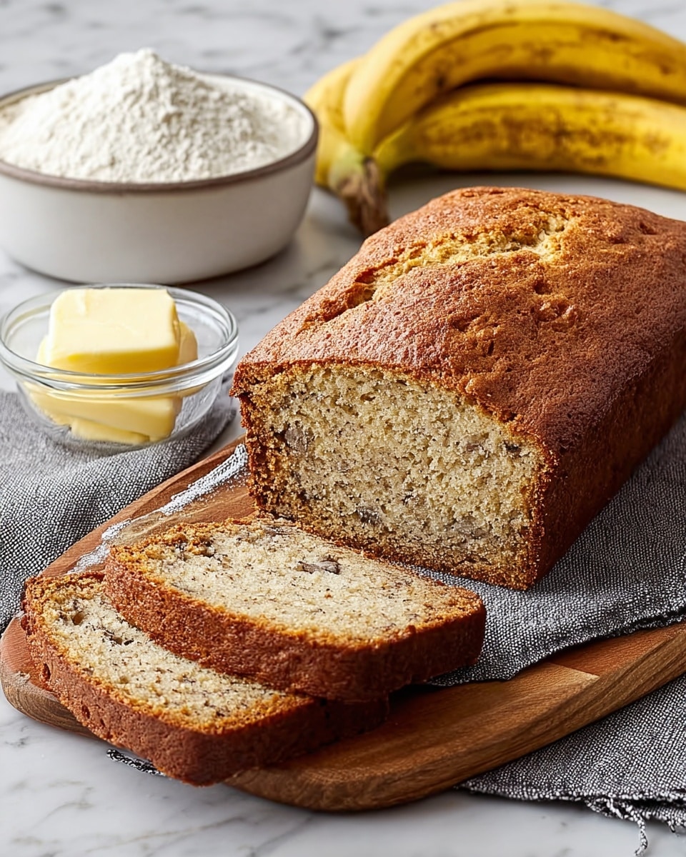 A loaf of banana bread with a golden-brown crust and a soft, moist inside filled with small dark specks is placed on a wooden board. Two slices of the banana bread are in front of the loaf, showing the close texture and banana bits inside. To the left of the board, there is a small clear glass bowl with a piece of butter on top of a creamy spread. In the background, there is a white bowl filled with white flour and two ripe bananas with brown spots. The whole scene is set on a white marbled surface with a gray cloth under the wooden board. Photo taken with an iphone --ar 4:5 --v 7