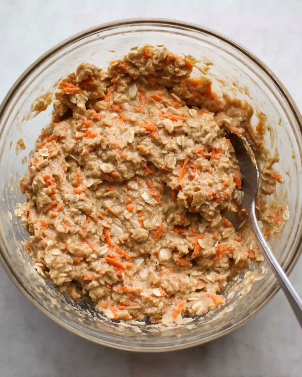 There is a clear glass bowl filled with a thick, rough mixture that looks like oatmeal batter. The mixture has a light brown color with scattered small orange shreds of carrot throughout. The texture looks chunky with visible oats and a moist, sticky surface. A metal spoon is resting inside the bowl on the right side, partially covered by the mixture. The background is a white marbled surface. Photo taken with an iphone --ar 4:5 --v 7