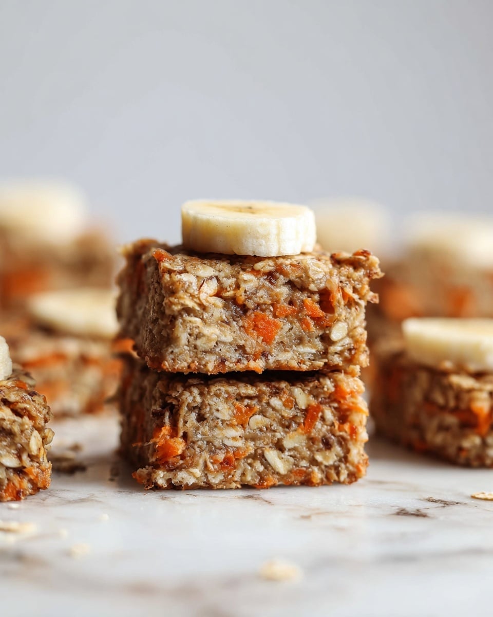 The image shows small square oat bars stacked in two layers with visible bits of orange carrot and oats, giving them a textured, slightly rough surface. On top of the upper bar in the center is a thin, round slice of banana, pale yellow with soft details. More bars are arranged closely blurred in the background on a white marbled surface. The overall color palette is warm brown with orange specks and light yellow from the banana slice. photo taken with an iphone --ar 4:5 --v 7