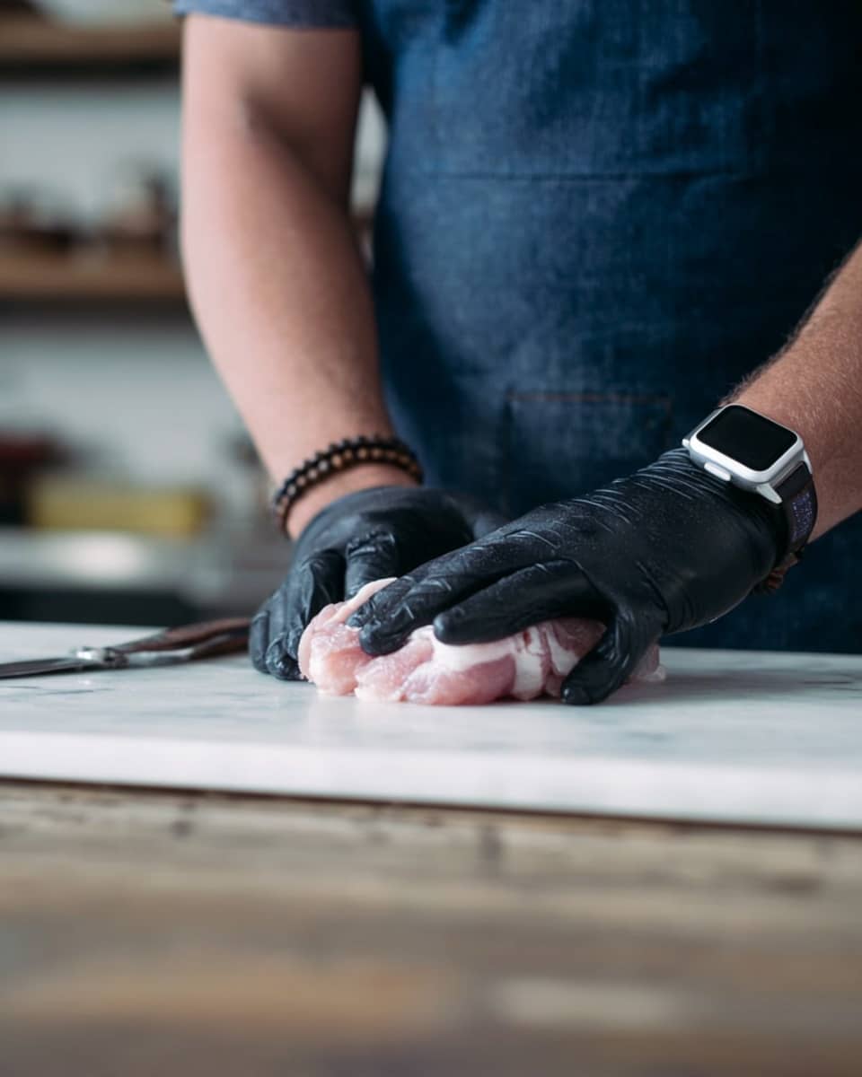 A close-up of a person's arms and hands on a white marbled surface, with one wearing a black glove pressing down on raw light pink meat, while the other bare hand steadies it. The person wears a dark blue apron and a dark bracelet on the bare wrist and a smartwatch on the gloved wrist. The scene is set indoors with a softly blurred background. photo taken with an iphone --ar 4:5 --v 7