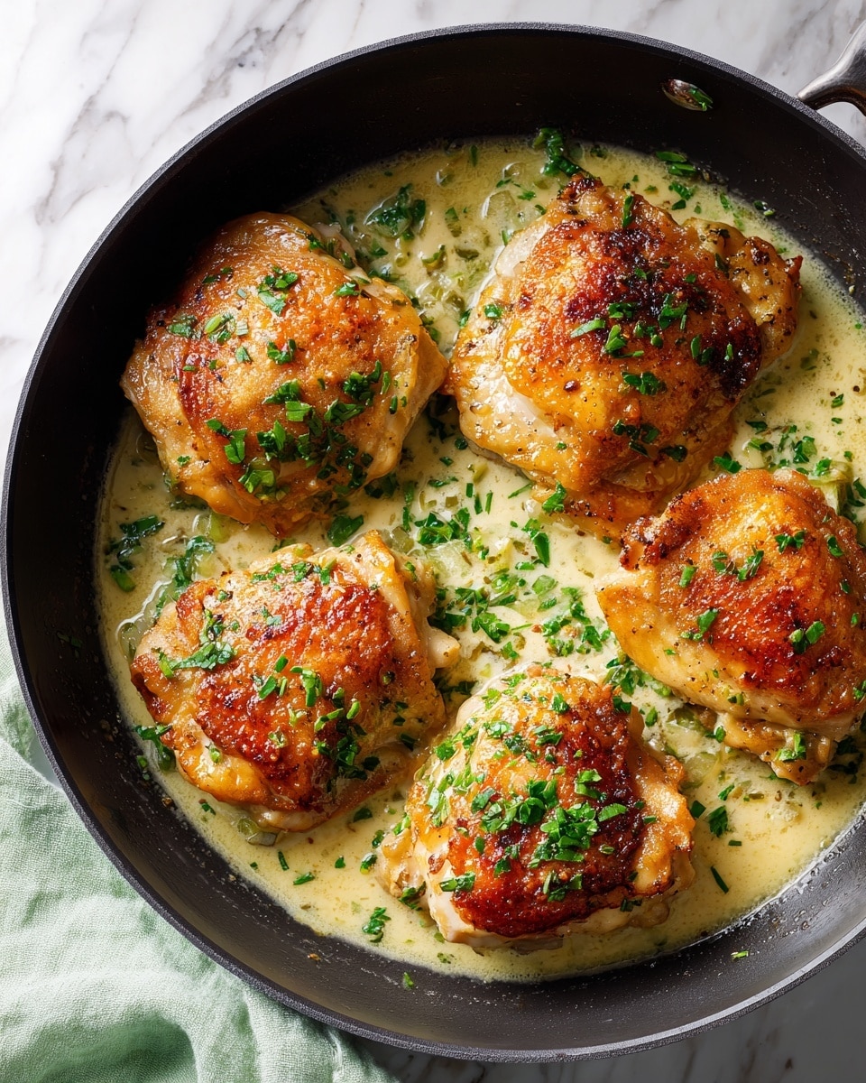 The image shows a white plate with blue speckled edges holding four pieces of cooked chicken in a light yellow sauce, with green herb flakes sprinkled on top. The chicken pieces have a slightly golden brown seared texture, fluffed edges, and a moist appearance from the sauce. There is a metal serving fork lifting one piece from the sauce, and a lemon wedge is partly visible at the top left corner on a white marbled surface. The overall look is warm and fresh with a hint of seasoning on the chicken. photo taken with an iphone --ar 4:5 --v 7