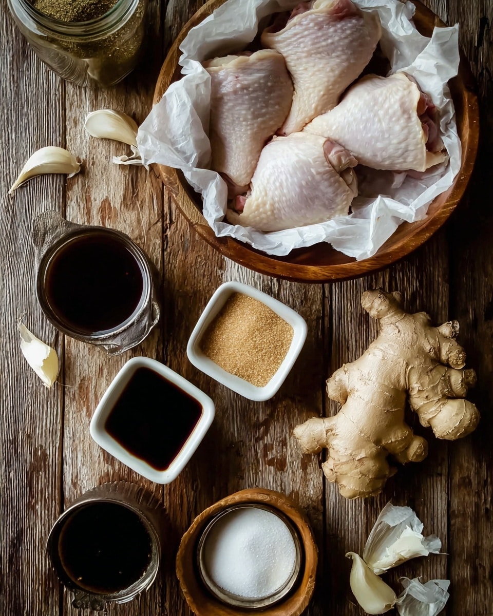 The image shows a wooden table with several ingredients arranged neatly. At the top center, raw chicken thighs with skin on rest in a round wooden bowl lined with white paper. Below to the right, a large piece of fresh ginger with pale brown skin lies close to the bowl. Near the ginger, a small white square dish holds a thick dark sauce. In the middle left, peeled garlic cloves with their papery skins are scattered near a partial garlic bulb. A small white measuring cup filled with coarse light brown sugar sits below the garlic. At the bottom center, there is a small square wooden bowl containing a white solid ingredient. To the edges of the image, two small round metal cups filled with dark sauces or liquids are placed. The whole scene is set on a rustic wooden table surface. Photo taken with an iphone --ar 4:5 --v 7
