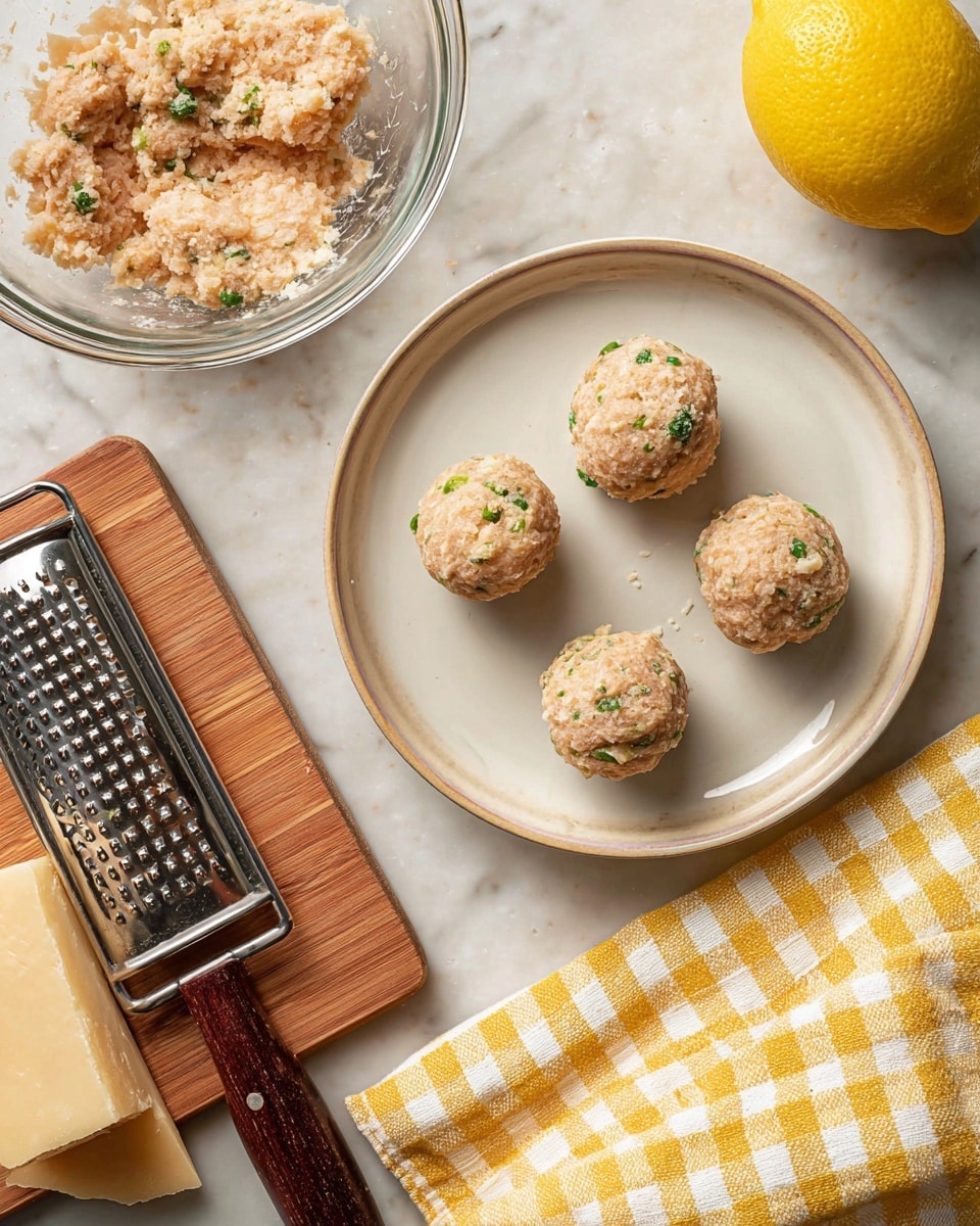 Five small, round balls of light beige mixture with small green pieces are placed spaced out on a white plate. The mixture looks soft and slightly textured. To the left, there is a clear glass bowl with more of the same mixture inside. Below the bowl, on a light brown wooden cutting board, rests a silver grater with a dark brown wooden handle, half a lemon, and a block of hard pale yellow cheese. A yellow and white checkered cloth sits near the bottom right corner. The whole scene is set on a white marbled surface. photo taken with an iphone --ar 4:5 --v 7