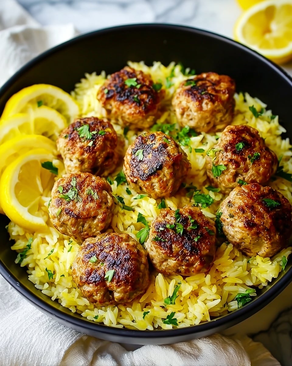 A black bowl holds a bed of yellow rice with a soft and fluffy texture. On top of the rice, there are eight golden-brown meatballs with a slightly crispy surface, sprinkled with small green herb pieces. One bright yellow lemon slice and lemon wedges sit on the left side of the bowl, adding freshness. The bowl is placed on a white marbled surface with part of a white cloth visible beneath it. The overall look is warm and inviting, with a balance of colors and textures. photo taken with an iphone --ar 4:5 --v 7