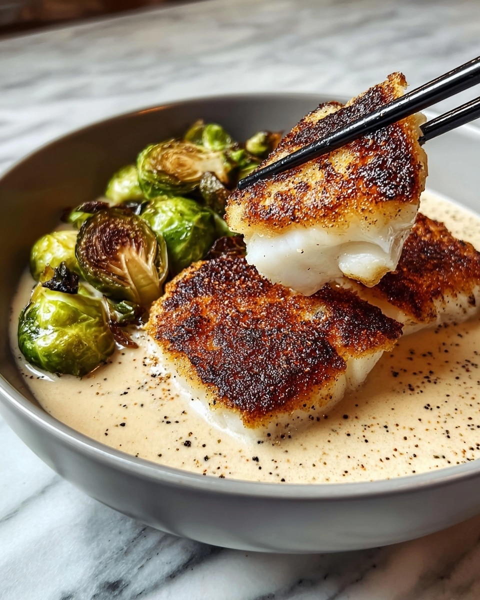 A white bowl with three main layers sits on a white marbled surface: the bottom layer is a creamy, light beige sauce with black pepper specks spread evenly; on top of that are golden-brown Brussels sprouts, roasted with some charred edges, placed on one side; the main focus is two pieces of grilled white fish with a crispy, dark brown crust, one piece lifted by a pair of black chopsticks showing the flaky texture underneath. photo taken with an iphone --ar 4:5 --v 7