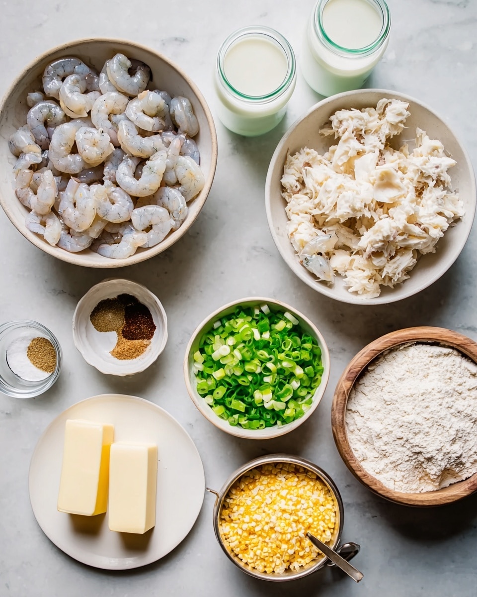 A top view of several white bowls and jars arranged on a white marbled surface, containing cooking ingredients: one bowl filled with raw small shrimp that are translucent gray with a slight shine, another bowl holds flaked white crab meat in soft chunks, a third bowl contains chopped green onions with bright green and lighter green pieces, and a small white dish with four different spices in brown, light brown, black, and white shades. Nearby, two glass jars hold a white liquid, and a small white plate displays three long sticks of pale yellow butter. A small wooden bowl with white flour and a metal cup filled with yellow corn mixture complete the setup. The scene is clear, bright, and neatly organized. photo taken with an iphone --ar 4:5 --v 7