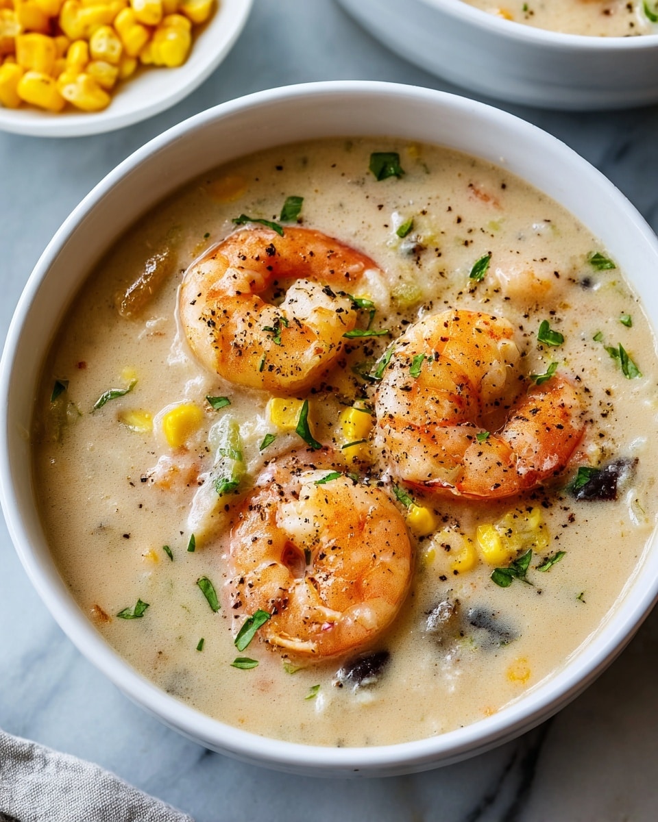 The image shows a white bowl filled with creamy soup that has a smooth, light beige base. On top, there are several medium-sized shrimp with a pinkish-orange color and curled shape, arranged mainly on the surface. The soup also contains small yellow corn kernels, bits of green herbs sprinkled throughout, and some small dark pieces that add contrast. The surface of the soup has a slight shimmer with black pepper specks scattered across. The bowl rests on a white marbled surface, and a part of a white bowl with bright yellow pieces is seen blurred in the background. Photo taken with an iphone --ar 4:5 --v 7