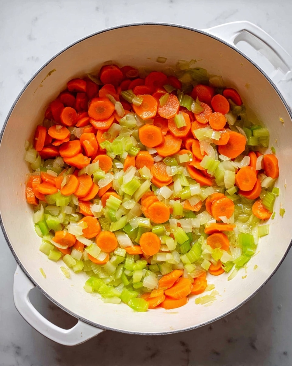A top-down view of a white pot filled with three layers of cooked vegetables: bright orange carrot slices, light green celery pieces, and small diced translucent onions, all mixed evenly with a slight shine from cooking oil. The pot rests on a white marbled surface, and the colors of the vegetables stand out clearly inside the pot. photo taken with an iphone --ar 4:5 --v 7