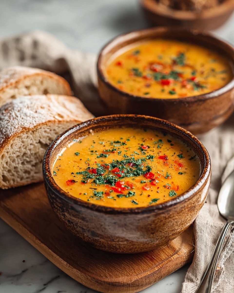 The image shows a round wooden bowl filled with a creamy soup that has a light orange color. The soup contains visible chopped vegetables like green celery and orange carrots, along with small pieces of pinkish-red bacon. On top, there are some sprinkled fresh green herbs and a bit of black pepper, adding texture. Next to the bowl, there are two slices of light-colored bread with a soft, airy texture. The whole scene is set on a white marbled surface with a large spoon and a textured cloth partially visible. The lighting is bright and natural, making the dish look warm and inviting. photo taken with an iphone --ar 4:5 --v 7