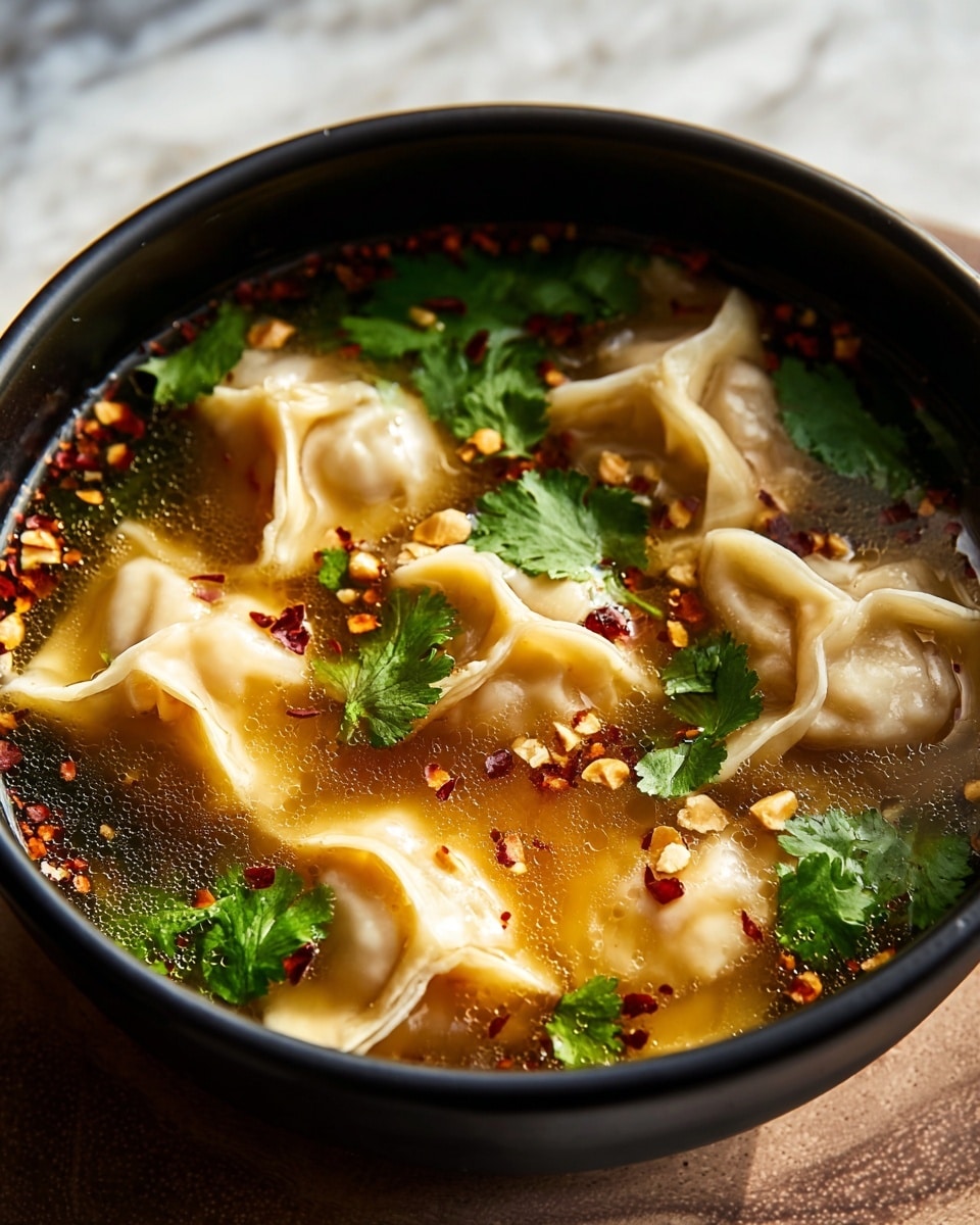 A dark bowl filled with clear brown broth that has a slight oily shine on top. Five dumplings float in the broth, each dumpling pale beige with soft, thin folds that rise above the surface. The broth has chopped green cilantro leaves sprinkled throughout and small bits of light brown crushed peanuts scattered on top, along with tiny red chili flakes adding specks of color. The bowl sits on a white marbled surface. photo taken with an iphone --ar 4:5 --v 7