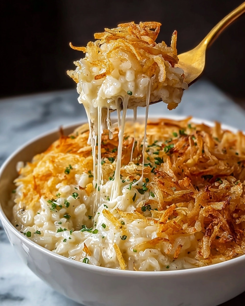 A white round dish holds a creamy cheesy casserole with three visible layers: a thick base of creamy white cheese sauce mixed with soft rice, topped with a golden brown crispy fried onion layer scattered unevenly on top, and small green herb pieces sprinkled as garnish. A golden spoon lifts a scoop showing melted stretchy cheese strands dangling between the scoop and the dish. The dish sits on a white marbled surface with soft lighting highlighting the crispy texture and creamy cheese photo taken with an iphone --ar 4:5 --v 7