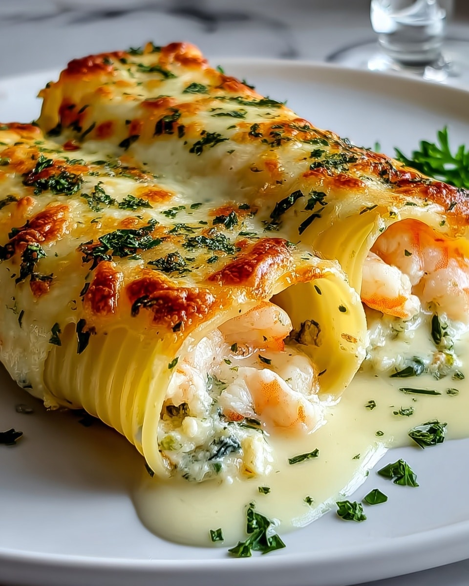 Two rolled pasta cannelloni lie side by side on a white plate with a white marbled texture underneath. Each roll is filled with creamy white sauce and pieces of shrimp visible near the edges. The top layer is covered with melted, slightly browned cheese, dotted with small bits of green herbs. The sauce pools gently around the base of the cannelloni, also garnished with scattered green herbs. The close-up view highlights the texture of the melted cheese and the smooth, creamy filling inside. Photo taken with an iphone --ar 4:5 --v 7