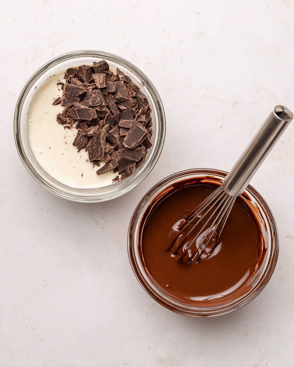 The image shows two small clear glass bowls placed side by side on a white marbled surface. The left bowl contains two layers: the bottom layer is a smooth white cream with visible small specks, and the top layer is made of uneven chunks of dark brown chocolate, mostly filling one half of the bowl. The right bowl holds a single smooth and glossy dark brown chocolate mixture being stirred by a silver whisk with thin wires, resting inside the bowl's pool of chocolate liquid. The overall scene focuses on the textures and colors of the chocolate and cream layers, with the white marbled surface providing a clean, light background. photo taken with an iphone --ar 4:5 --v 7