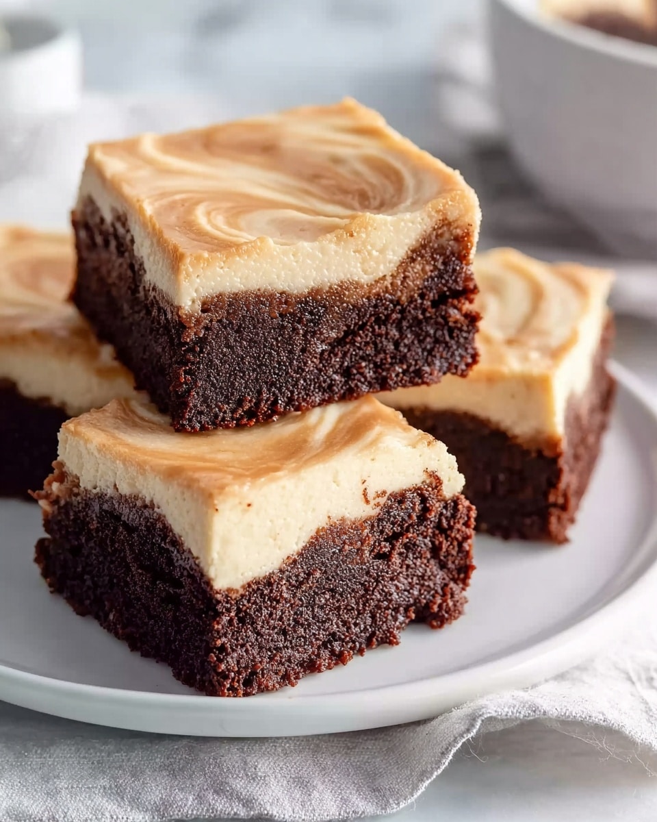 The image shows two stacked dessert squares with two clear layers each. The bottom layer is a thick, dense, dark brown cake with a moist, crumbly texture. On top is a lighter, creamy beige layer with a smooth and slightly swirled finish, suggesting a frosting or mousse. The edges are clean and sharp, showing the contrast between the darker base and the lighter topping. The background is softly blurred with a hint of similar dessert pieces nearby, all set on a white marbled surface. photo taken with an iphone --ar 4:5 --v 7