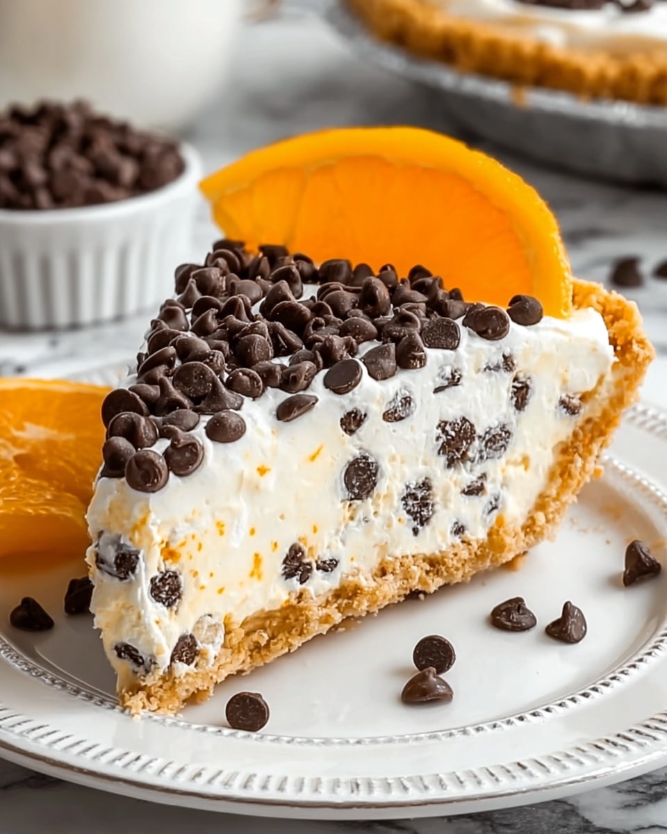 A slice of creamy cheesecake with an even layer of crumbly brown crust at the bottom, a thick white cheese layer mixed with small dark chocolate chips and orange bits in the middle, and a smooth white top dusted lightly with powdered sugar. The top is decorated with larger dark chocolate chips scattered around and a fresh, bright orange slice placed near the back edge of the slice. The cheesecake sits on a white plate with a subtle pattern, with a vintage golden fork resting beside it on a white marbled surface. In the background, the remaining cheesecake can be seen slightly blurred on a white plate. Photo taken with an iphone --ar 4:5 --v 7