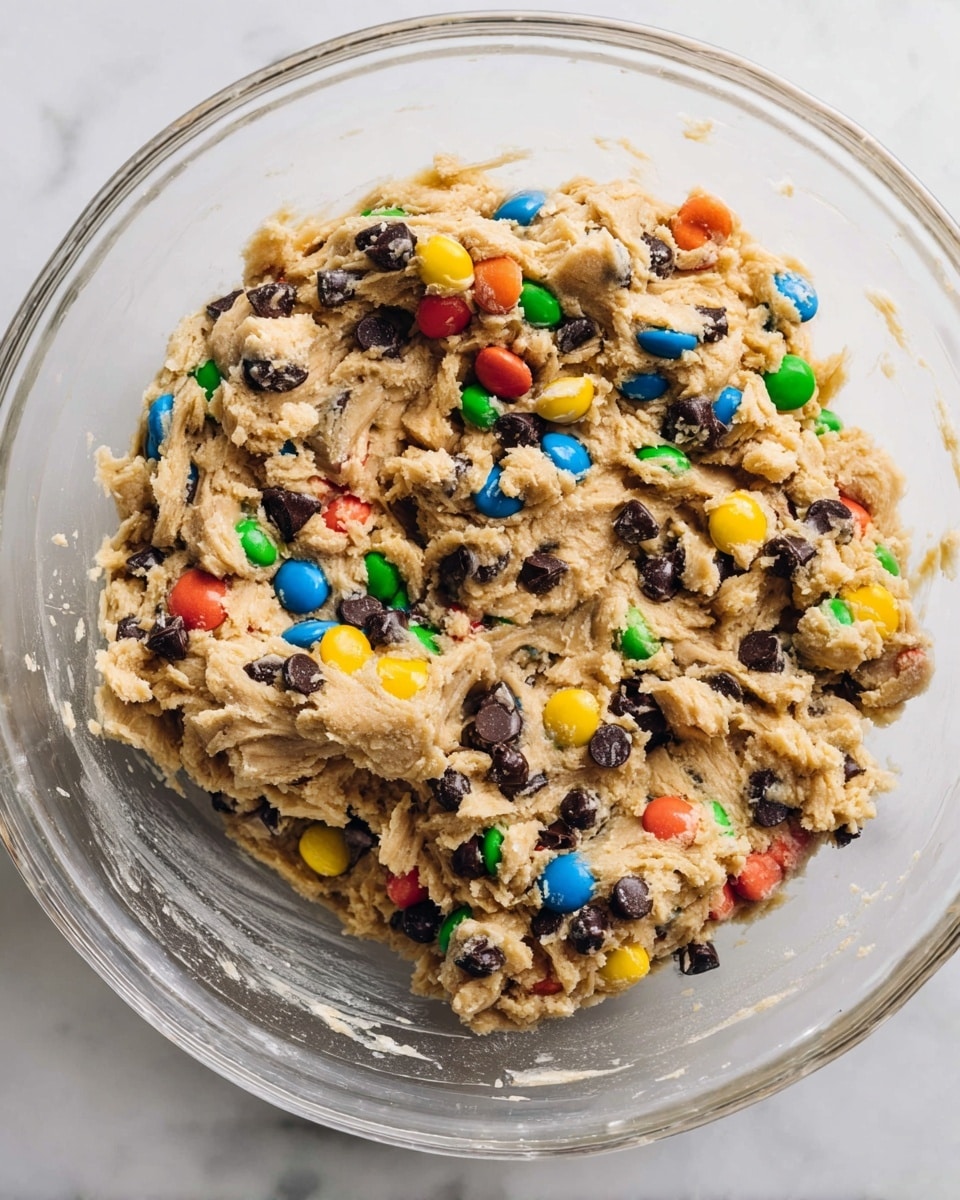 A large clear glass bowl filled with thick cookie dough mixed with many small dark chocolate chips and colorful candy-coated chocolate pieces in green, yellow, orange, blue, and red, creating a dense and textured mixture. The dough is creamy beige with a slightly rough, chunky texture holding the chocolate and candy pieces closely together, all set against a white marbled surface. photo taken with an iphone --ar 4:5 --v 7