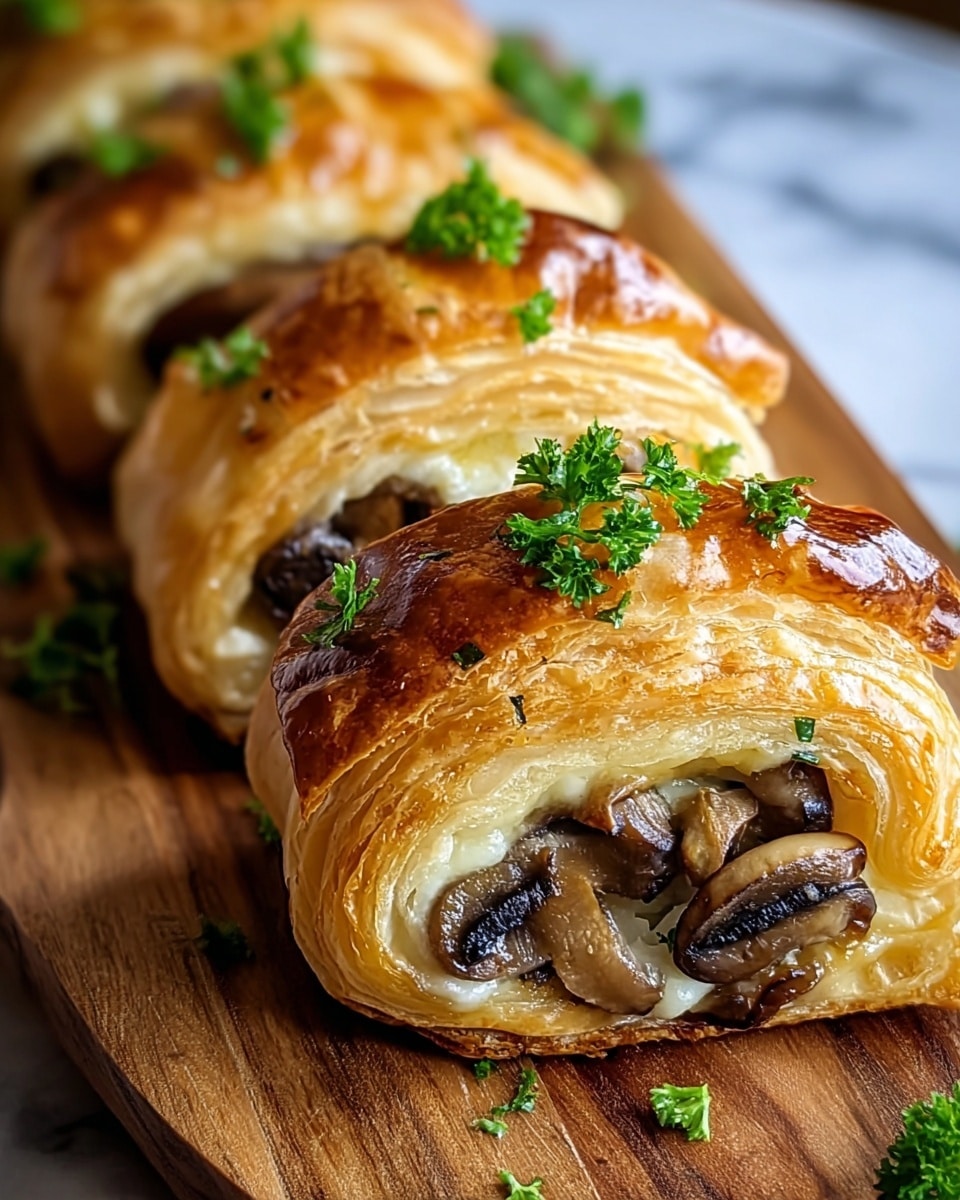 The image shows a row of golden brown puff pastry rolls on a wooden board, each filled with creamy cheese and sautéed mushrooms. The puff pastry is flaky and shiny with a light, layered texture on the outside, while the mushroom and cheese filling peeks through the top layers. Small green parsley leaves are sprinkled on top, adding a fresh contrast of color. The overall appearance is warm and inviting with a rich, crispy texture. The background is a white marbled texture. photo taken with an iphone --ar 4:5 --v 7