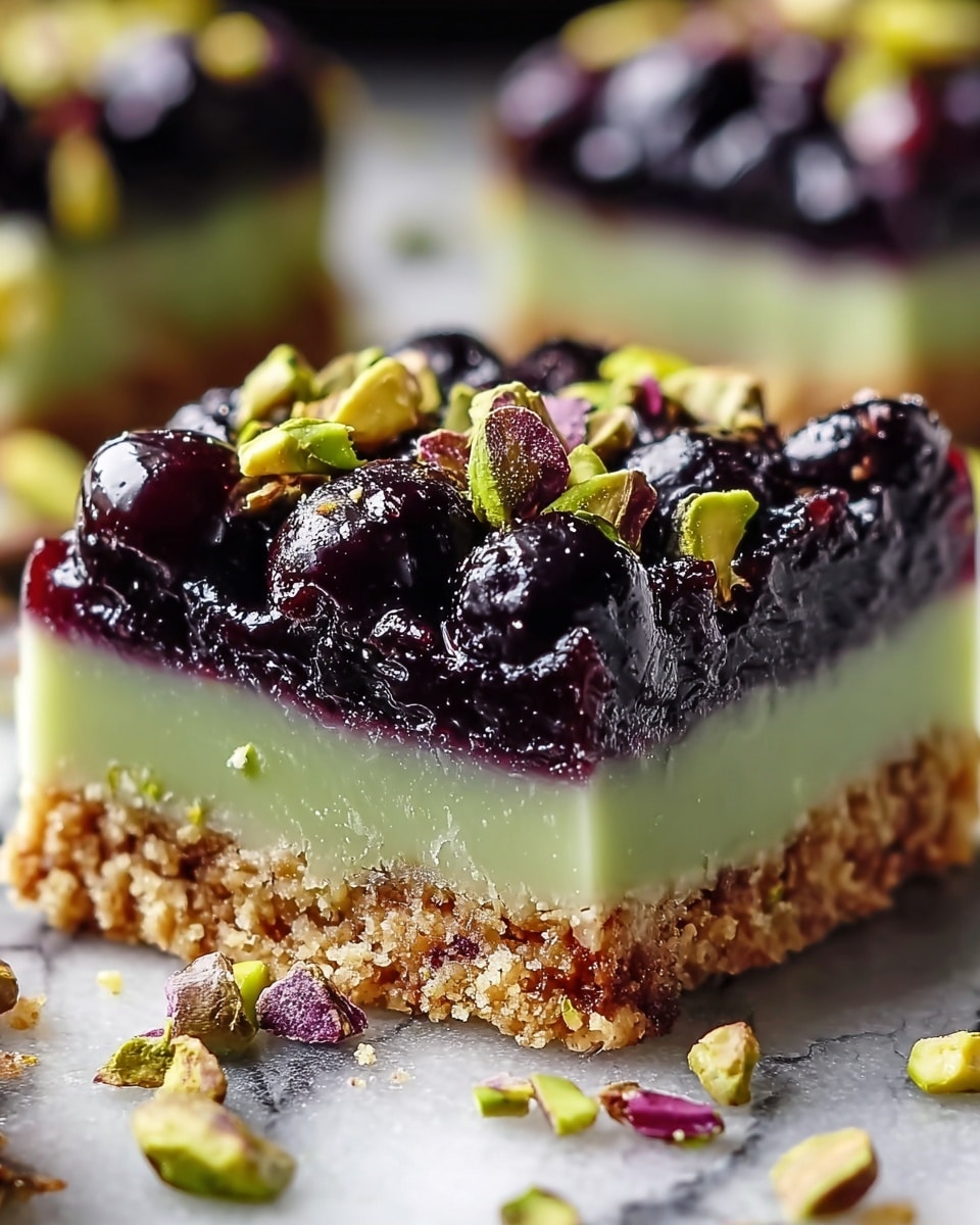 The image shows a close-up of a square dessert bar with three clear layers, placed on a white marbled surface. The bottom layer is a light brown crumbly crust with a rough texture. The middle layer is a smooth, pale green filling, thick and even. The top layer is composed of dark purple-black berries coated in a shiny glaze, giving a juicy look. Scattered on top and around the dessert are small pieces of pistachios in green and purple hues, adding a crunchy texture and colorful contrast. Photo taken with an iphone --ar 4:5 --v 7