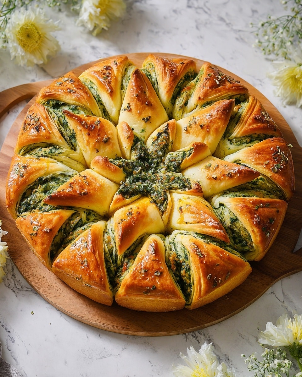 A round bread shaped like a star with eight twisted petals radiating from a central star-shaped piece in the middle. Each petal has layers of golden-brown dough with bright green herb filling visible in twisted stripes, giving a textured leafy look. The bread has a shiny, baked surface with small specks of herbs sprinkled on top. It is placed on a white marbled surface, sitting on a wooden tray, with white and pale yellow flowers around it. Photo taken with an iphone --ar 4:5 --v 7
