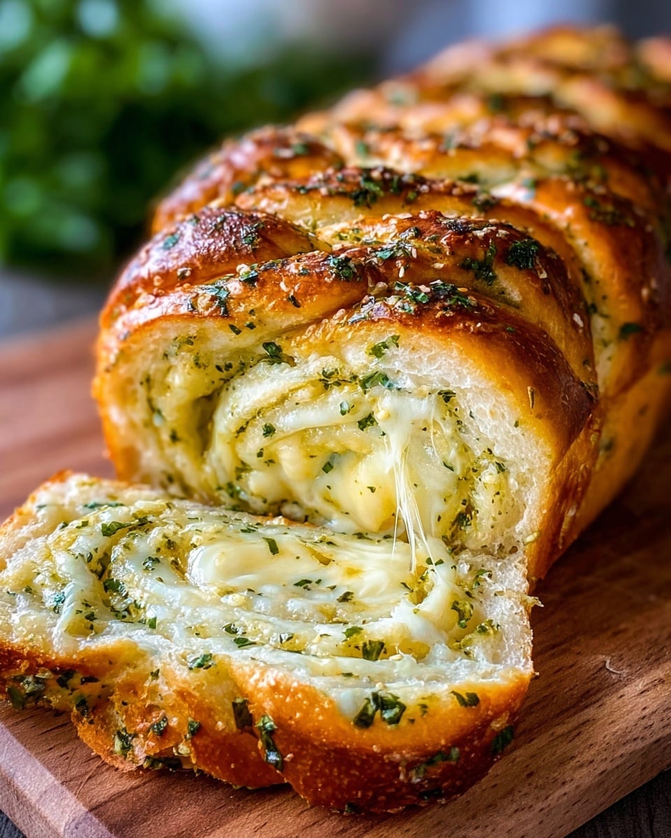 The image shows a close-up of a golden brown garlic bread loaf with a glossy, slightly crisp crust sprinkled with herbs. The inside reveals multiple layers of soft, white bread rolled with creamy melted cheese and finely chopped green herbs, creating a swirled pattern. The bread is placed on a wooden cutting board, and in the blurred background, there is some green leafy garnish. The overall look is warm, cheesy, and inviting with a contrast between the shiny crust and the soft, herb-speckled interior. Photo taken with an iphone --ar 4:5 --v 7