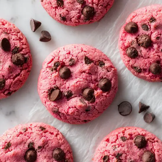 The image shows several round pink cookies with a soft and slightly rough texture, scattered on white parchment paper over a white marbled surface. Each cookie is studded with dark brown chocolate chips embedded in the dough, with some chips slightly melted on the top layers. The center cookie is missing a piece on its front edge, revealing a denser pink inside with more chocolate chips. There are a few loose chocolate chips resting on the white background between the cookies. The overall look is vibrant with the contrast between pink and deep brown, giving the cookies a fresh and inviting appearance. photo taken with an iphone --ar 4:5 --v 7