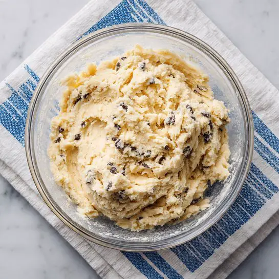 A clear glass bowl sits on a white marbled textured cloth with blue stripes, filled with thick, creamy pale yellow cookie dough mixed with small dark chocolate chips spread evenly throughout. The dough has a slightly rough and dense texture with smooth areas where it has been pressed against the sides of the bowl. Some dough smears cling to the inside of the bowl, showing a soft, sticky consistency. The look is simple and inviting, showing the dough ready for baking. photo taken with an iphone --ar 4:5 --v 7